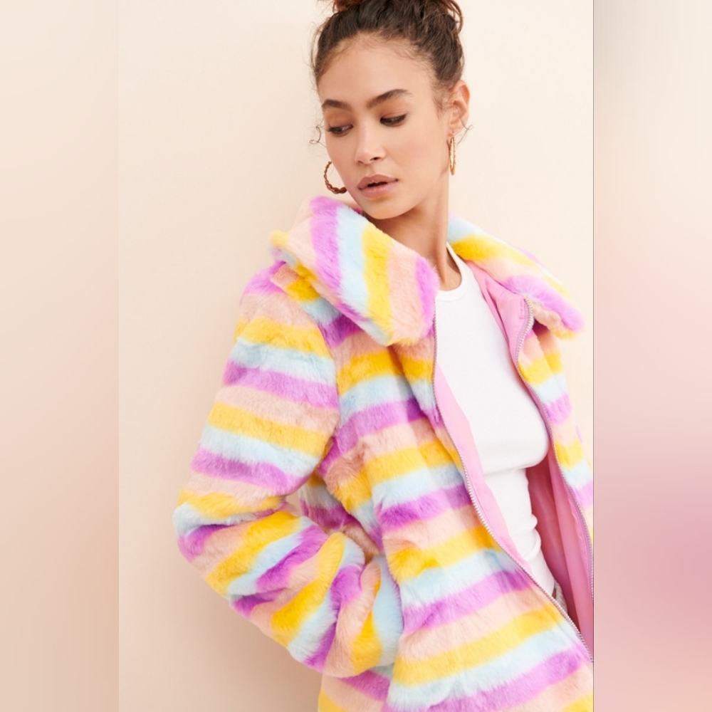 Daisy Street Rainbow stripe faux fur jacket NWT